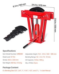 Manual Hydraulic Pipe Bender 12ton 1/2-2in 90-180deg,6 Dies,Adjustable