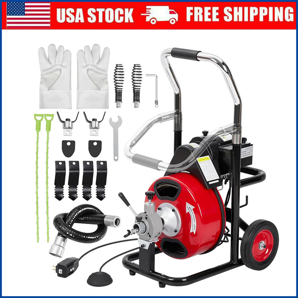 75Ft x 1/2Inch Drain Cleaner Machine For 1&Prime; to 4&Prime; Pipes Auto-feed Electric Drain