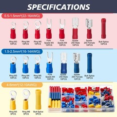 200pcs Insulated Crimp Wire Connector Terminal Assortment Contains Ring, Butt Sp