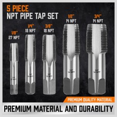 5 Pcs NPT Pipe Tap Set 1/8&Prime; 1/4&Prime; 3/8&Prime; 1/2&Prime; and 3/4&Prime; With Case Carbon Steel Inch