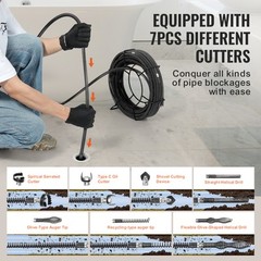VEVOR Sectional Drain Cleaning Cable 66FTx5/8In & 7 Cutters for 0.8&Prime;-3.9&Prime; Pipes