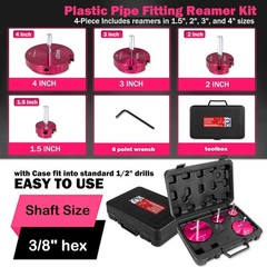 4-Piece Plastic Pipe Reamer Tool Kit 1.5&Prime; 2&Prime; 3&Prime; 4&Prime; PVC CPVC ABS 1/2&Prime; Drill 3/8