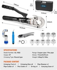 Hydraulic Copper Tube Fittings Press Crimping Tool Kit for 1/2, 3/4, 1&Prime; PEX Pipe