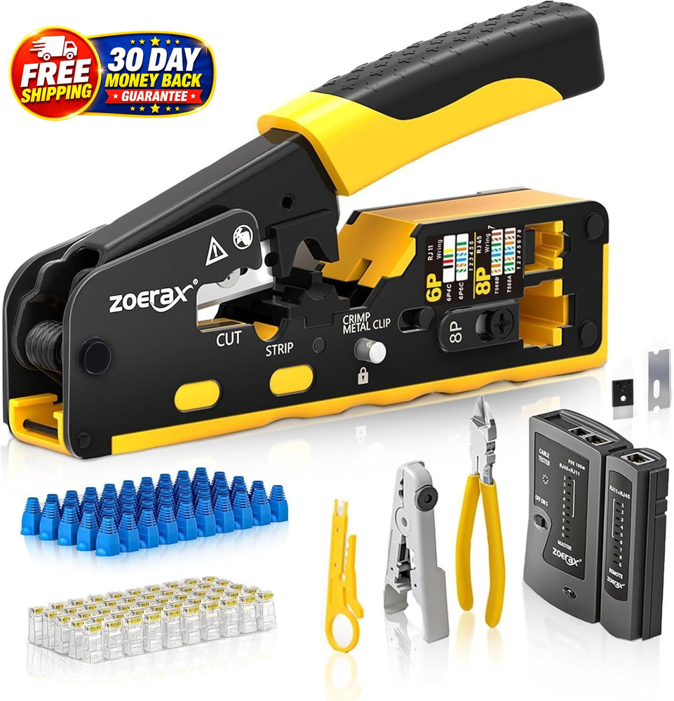 RJ45 Pass Through Crimping Tool Kit Cat7 Cat6 Cat5 Cable Tester Stripper