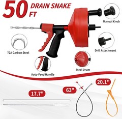 Drain Snake 50 Ft with Drill Attachment, Auto Feed 1/4 Inch Plumbing Snake&hellip;.