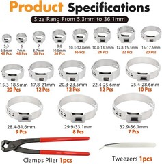 360PCS Single Ear Hose Clamp Kit,16 Sizes 5.3-36.1mm 304 Stainless Steel with Cr
