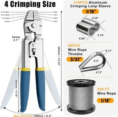 Heavy Duty Crimping Tool Kit for 1/16&Prime; Stainless Steel Cable, 328FT Wire Rope