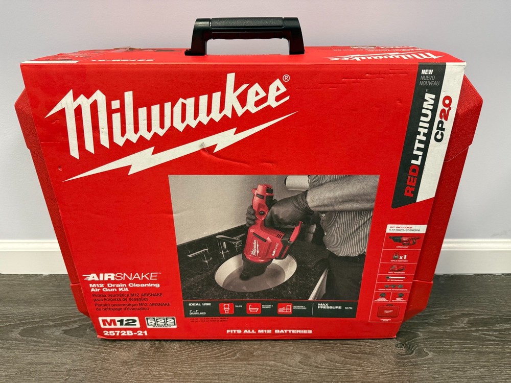 Milwaukee 2572B-21 M12 12V Airsnake Drain Cleaning Air Gun Kit w/ Attachments