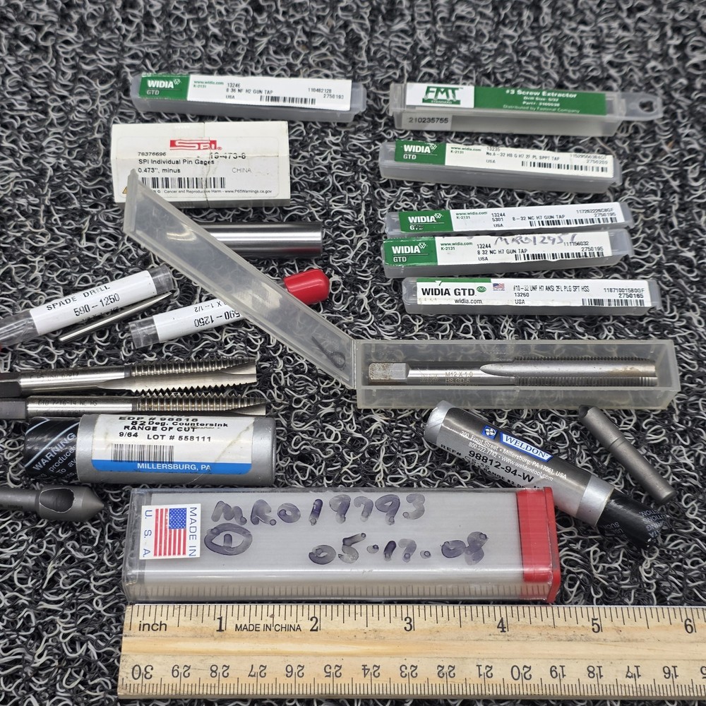 MRO Assorted Taps, Extractor, Pin, Sharpening Stone, Drills. Lot of 15