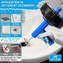 25Ft Snake Drain Hair Removal Tool Drill Powered and Manual Drain Cleaner Tool