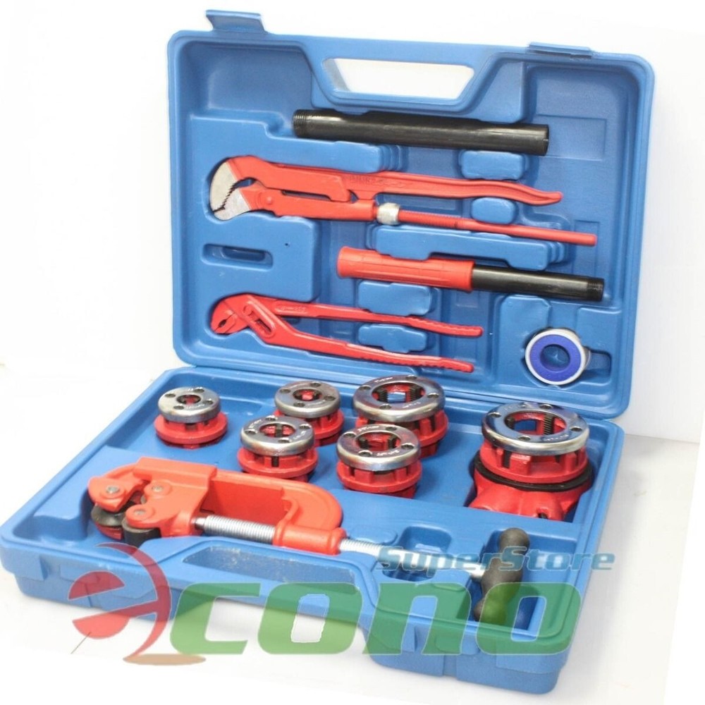 10PC Manual Ratchet Pipe Threader Kit 6 Threading Dies Pipe Cutter & Wrenches