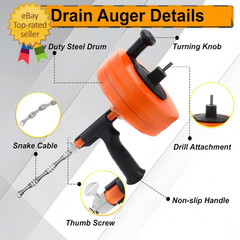 Drain Auger 50FT, Drain Snake with Drill Adapter, Plumbing Snake Clog Remover Us