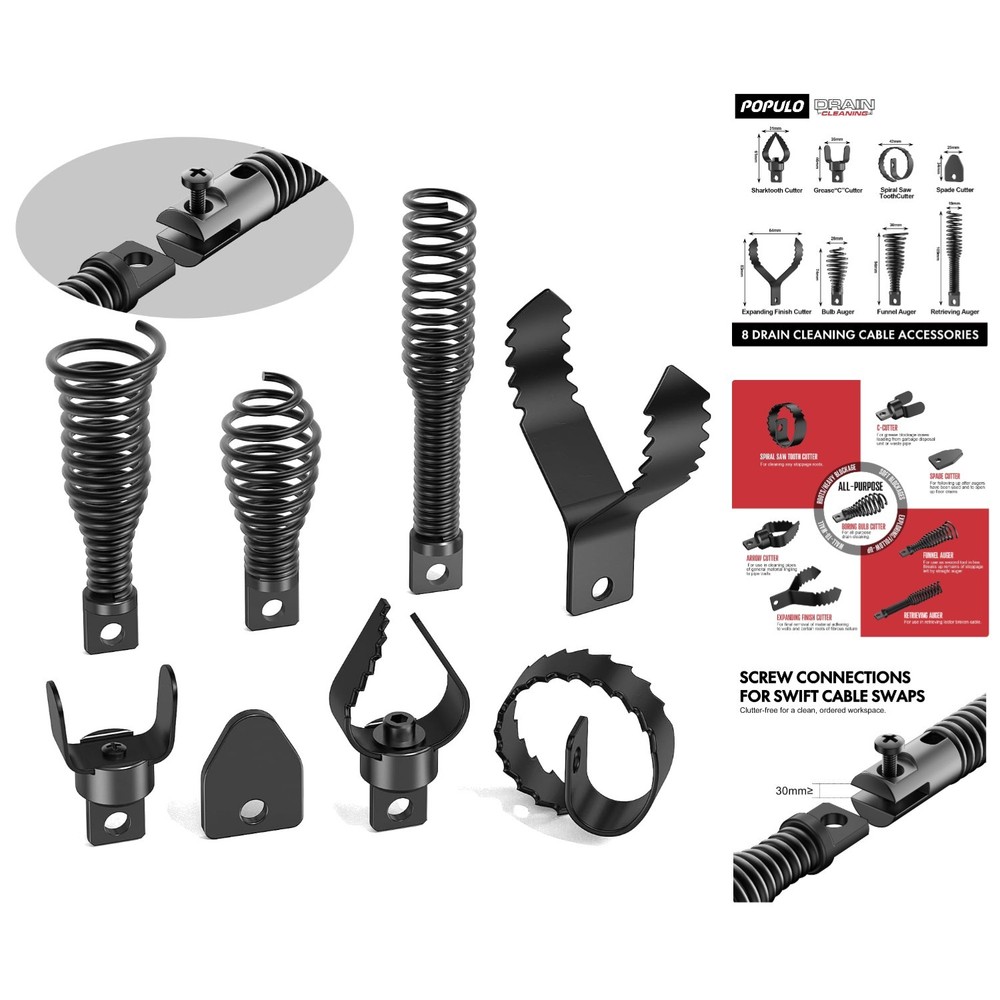 8-Piece Drain Cleaning Tool Set for 50FT-100FT Systems &ndash; Built to Last