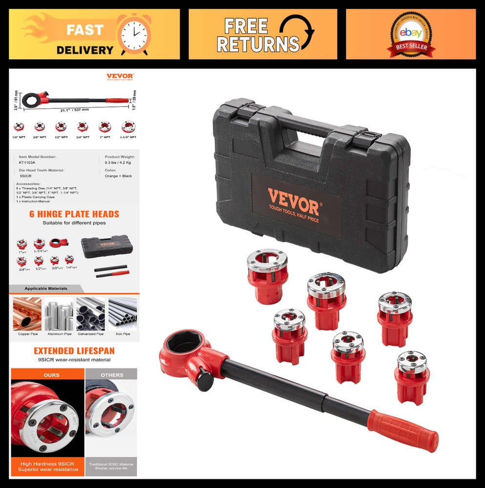 Portable Ratchet Pipe Threader Kit with 6 Dies, 1/4&Prime; to 1-1/4&Prime; NPT, Plumbing Too