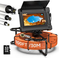 100Ft Sewer Camera with 7&Prime; HD Screen, DVR, Audio, IP68 Waterproof, 32GB Card