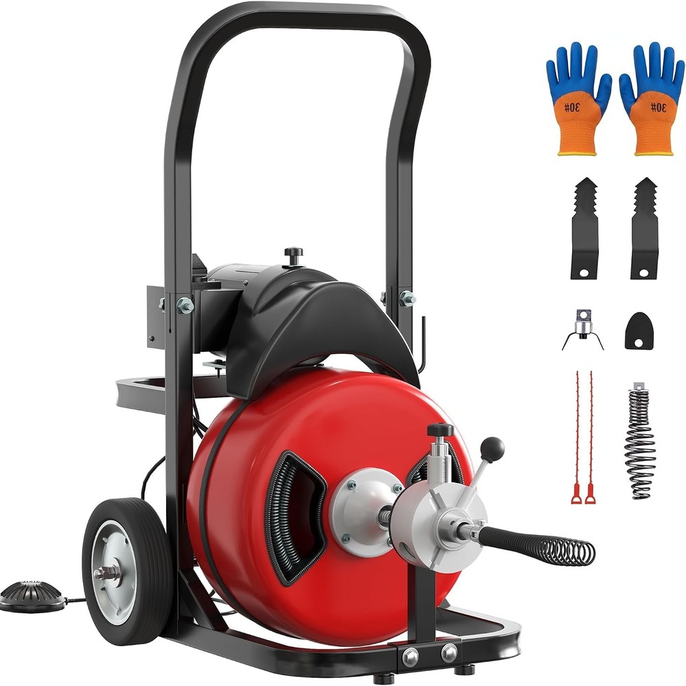 100FT 1/2in Drain Auger 370W Steel Core Cable with Foot Switch for Sewer Clogs