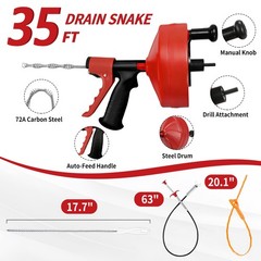 Drain Snake 35 Ft with Drill Attachment, Auto Feed 1/4 Inch Plumbing 35FT