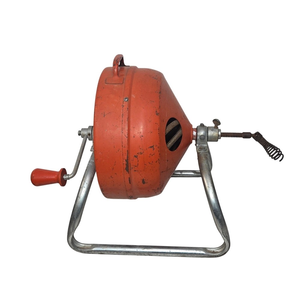Vintage Hand Crank Drain Auger Snake Reel Industrial Plumber Tool Orange Steel