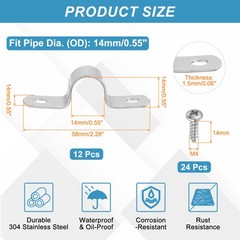 12Pcs 14mm(9/16&Prime;) Two Hole Rigid Pipe Strap with Screws, Silver