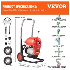 VEVOR Drain Cleaner Machine 120FT x 6/5&Prime; 1100W Sectional Snake Auger Manual Feed