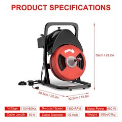 Drain Cleaner Machine 50FT x 1/2 Inch Portable Electric Auger Sewer Snake 250W