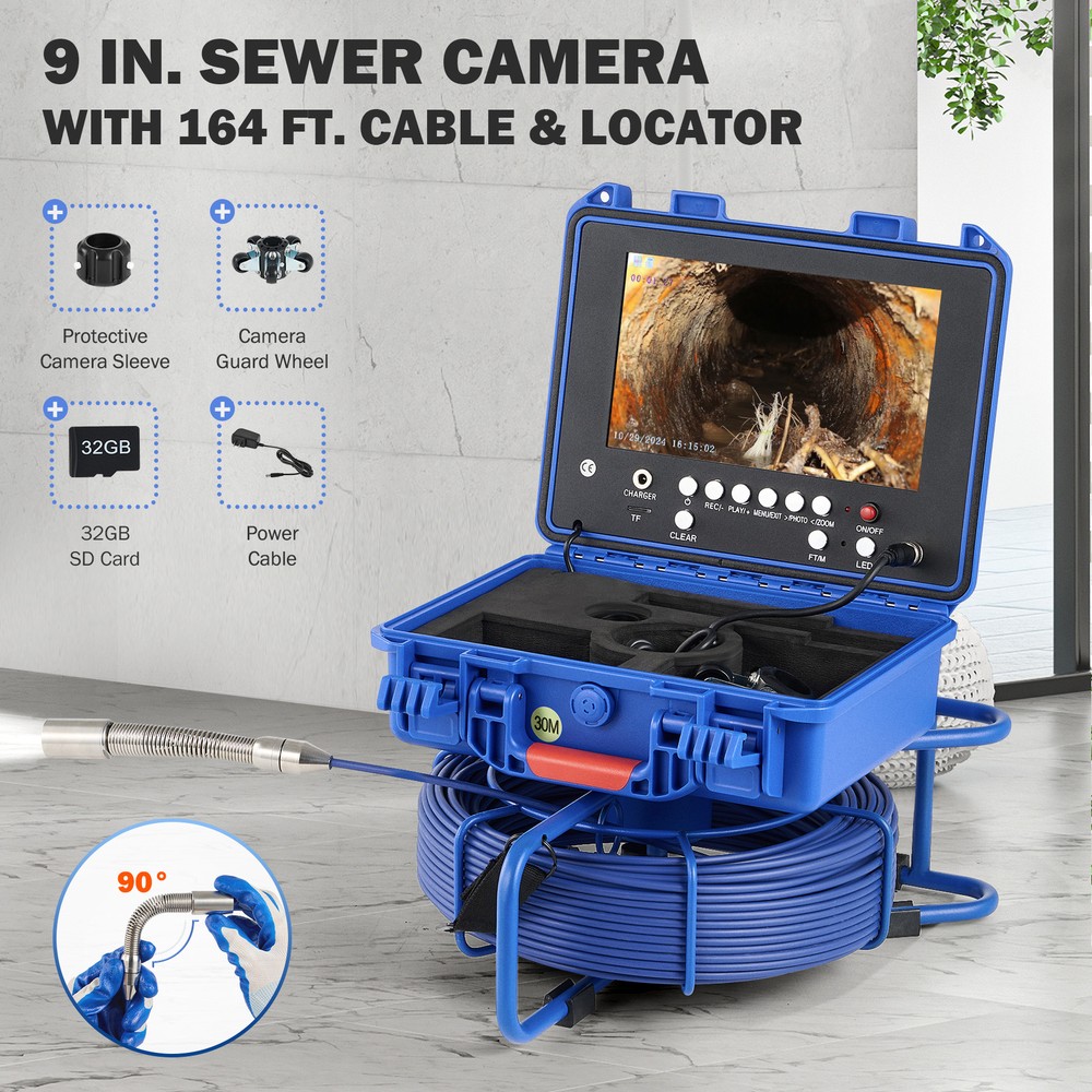 9 Inch Self-Leveling Sewer Camera 30m/98ft Pipe Inspection Camera 12 LED Lights
