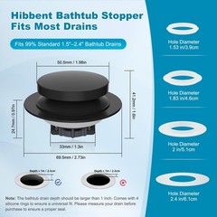 Hibbent 3 in 1 Metal Bathtub Drain Stopper, Universal Pop Up Tub Matte Black