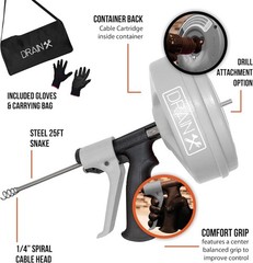 50m Drain Auger Manual or Drill Powered Plumbing Snake with Gloves Bag Included
