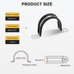 14Pcs 48mm(1-7/8&Prime;) Stainless Steel Rubber 2 Hole U-Tube Strap Clamp, Black