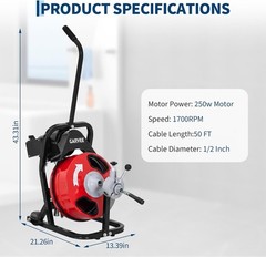 50ft x 1/2&Prime; Electric Drain Cleaner Machine Auto Feed 4 Cutter Sewer Snake Auger