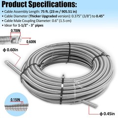 37847 C-32 Inner Solid Core Drain Cleaning Cable 3/8 Inch x 75 ft, Compatible&hellip;