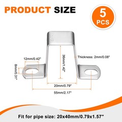 5pcs Square Pipe Clamp 20x40mm 304 Stainless Steel Tube Buckles, Silver