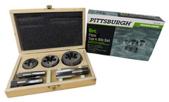 Pittsburgh 6pc Pipe Tap & Die Set &ndash; Heat Treated, 1/4&Prime;-1/2&Prime; NPT, Wooden Case