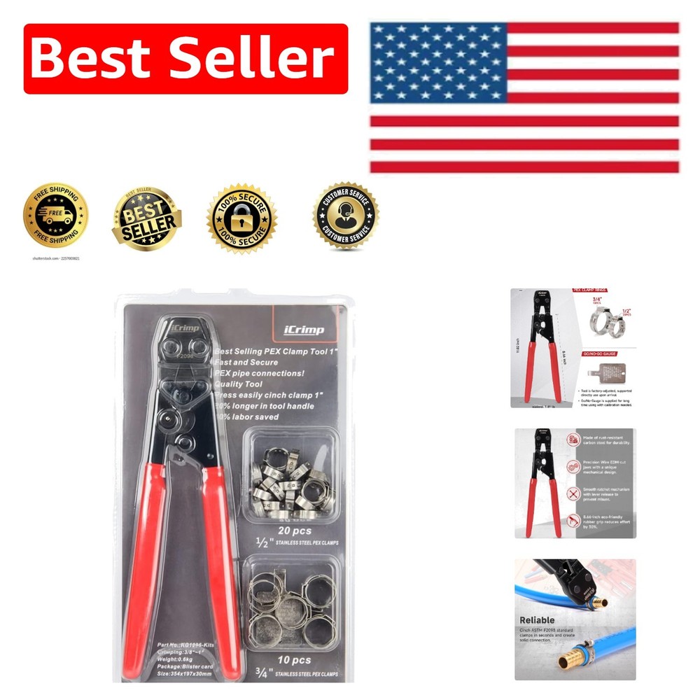 iCrimp Universal PEX Crimping Tool with 30 Stainless Steel Clamps &ndash; 3/8-1 Inch