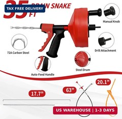 Drain Snake 35 Ft with Drill Attachment, Auto Feed 1/4 Inch Plumbing Snake for S