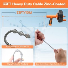 Drain Snake Hair Clog Remover with Drill Adapter, 33ft Orange-Black