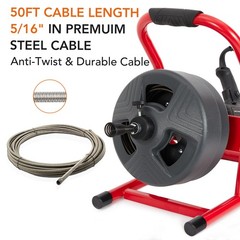 50ft X 5/16 Inch Drain Cleaner Machine, Foot Switch With 6 Cutters, Gloves, New