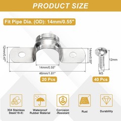 20Pcs 14mm(9/16&Prime;) 304 Stainless Steel Rigid Pipe Strap with Screws, Silver