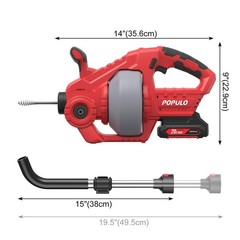 POPULO 20V Cordless Electric Drain Snake, 25Ft Replaceable Cable with Red