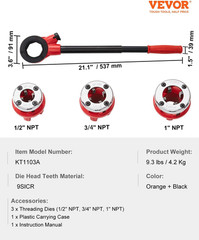 Ratchet Pipe Threader Kit with 3 Dies, 1/2&Prime; NPT, 3/4&Prime; NPT, 1&Prime; NPT Ratcheting Pip