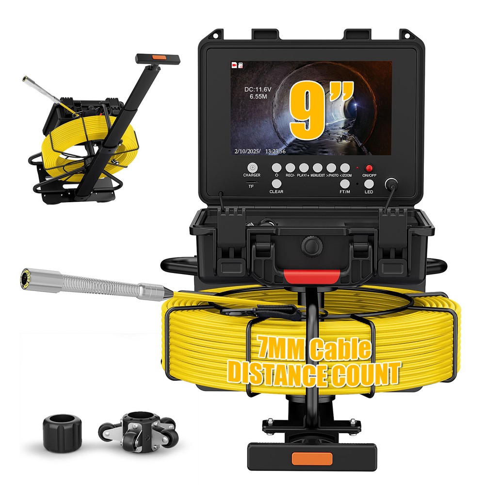 30m Sewer Pipe Inspection Camera w/ 512hz Self Leveling 9&Prime; Monitor Meter Counter