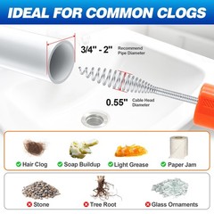 Auto Feed Drain Auger with Drill Adapter, 33 Feet Drain Snake Hair Clog Remov&hellip;