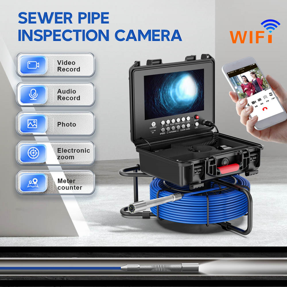 9&rdquo; 50M HD DVR WIFI Sewer Camer Pipe Inspection Camera Meter Counter 17mm Camera