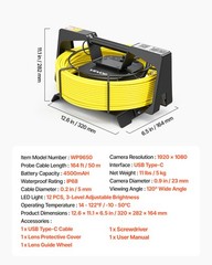 VEVOR Sewer Camera with WiFi 164ft/50m IP68 Drain Pipeline Camera 12 LED Lights