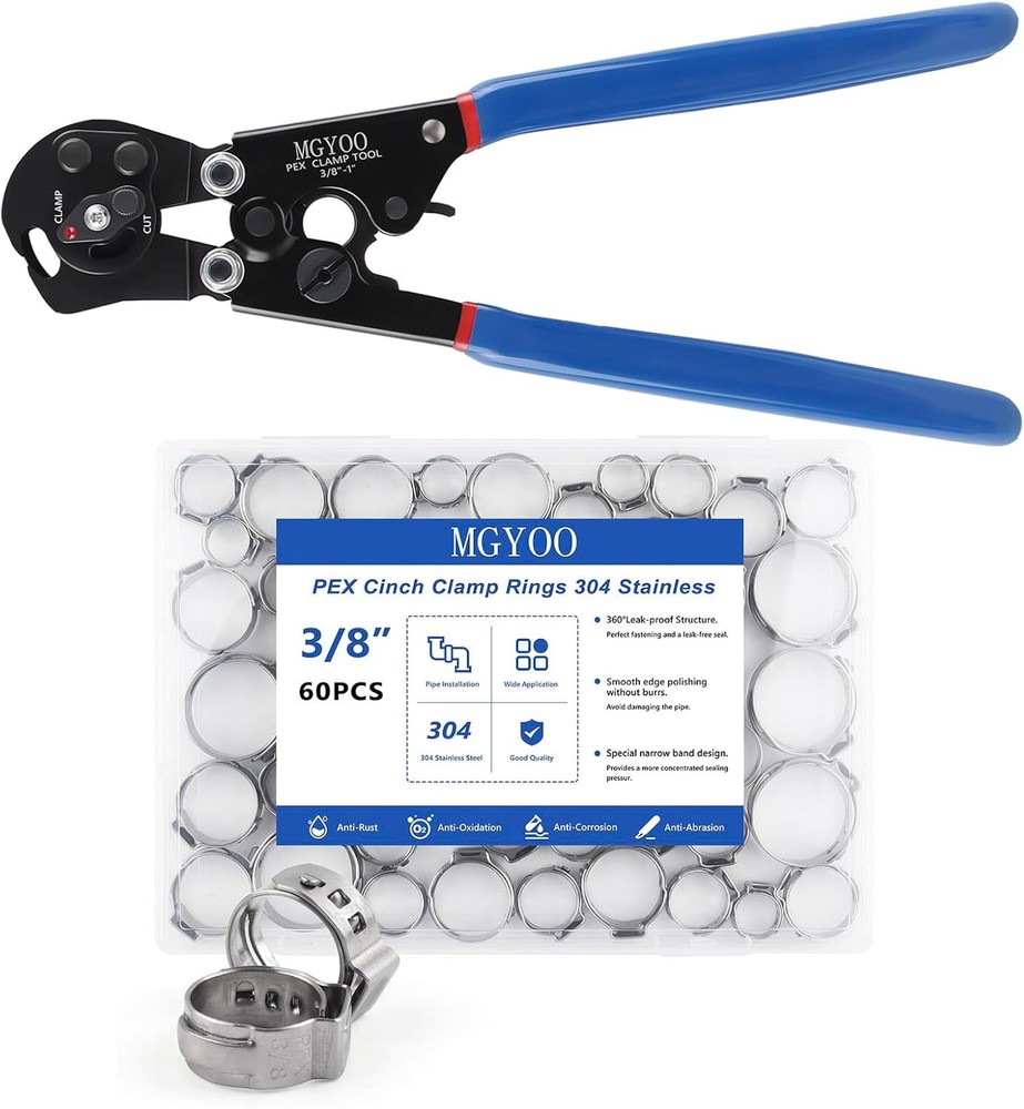 2 IN 1 Pex Crimping Tool W/ 60Pcs Stainless Steel Pex Clamps 3/8&Prime; to 1&Prime; Cinch &