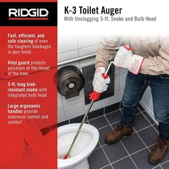 Model K-3 Toilet Auger with Unclogging 3-Foot Snake and Bulb Head
