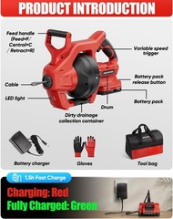 20V Cordless Electric Drain Snake, 25Ft Replaceable Cable with 2.0Ah Battery & F