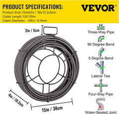 Drain Cleaning Cable 100 FT 3/8 Inch Solid Steel with 4 Cutters
