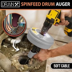 50m Drain Auger Manual or Drill Powered Plumbing Snake with Gloves Bag Included