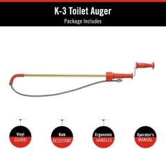Model K-3 Toilet Auger with Unclogging 3-Foot Snake and Bulb Head